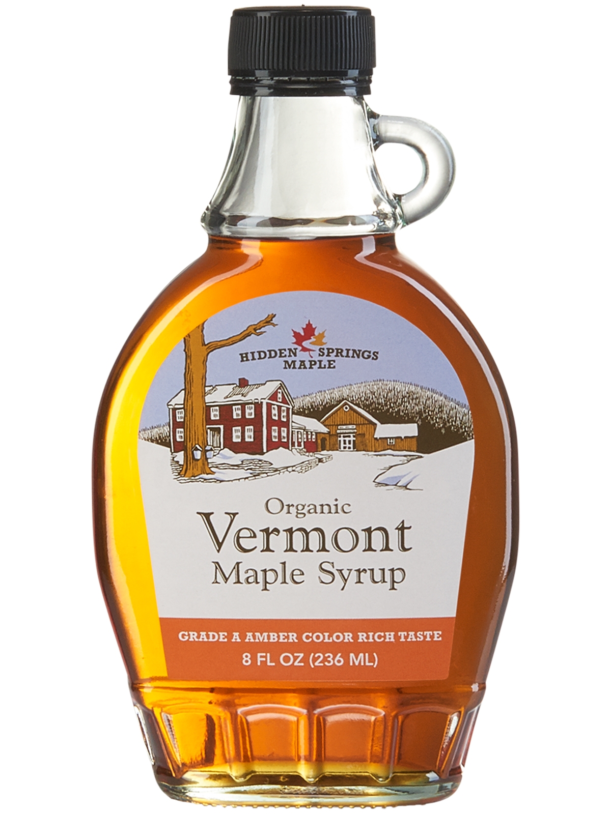 Leone glass bottle of our 100% pure Certified Organic Vermont maple syrup. 